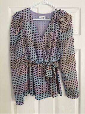 Calvin Klein XS Long Sleeve Pastel Wrap Peplum Top